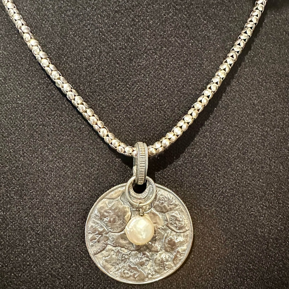 Silpada Sterling Silver Popcorn Necklace with Coin & Freshwater Pearl Pendant